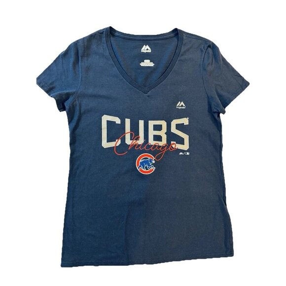 Chicago Cubs Shirt Women’s Small MLB Baseball Short Sleeve V-Neck Blue Red - Picture 1 of 8